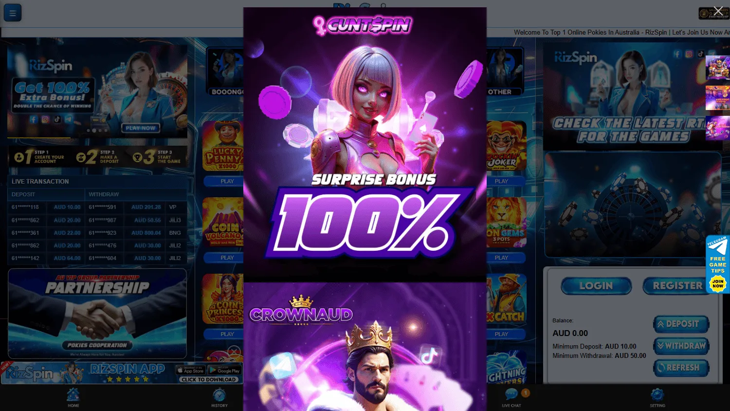 Rizspin Casino desktop games screen