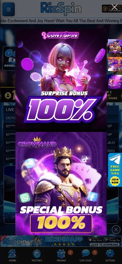Rizspin Casino mobile home screen
