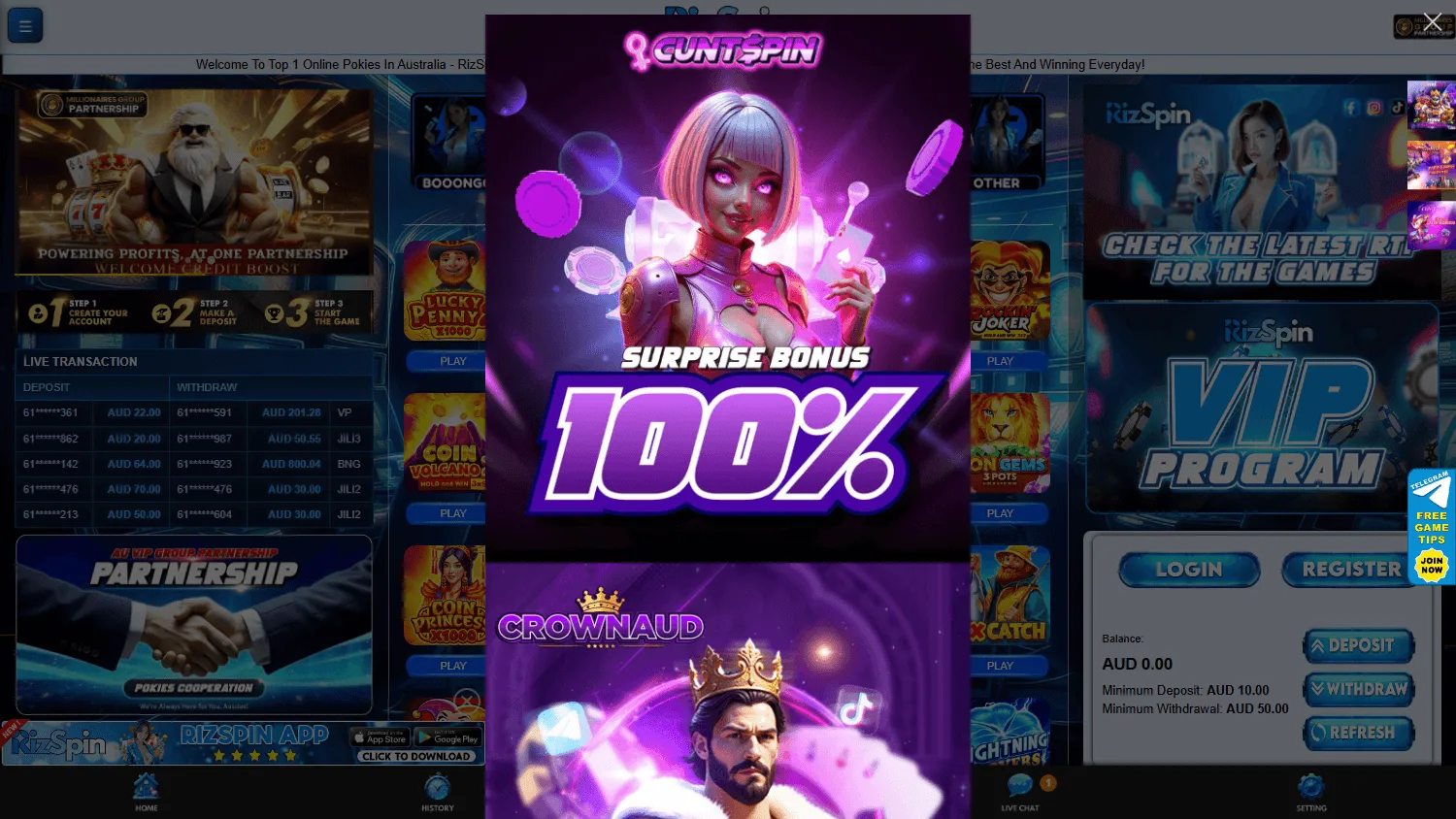 Rizspin Casino desktop home screen