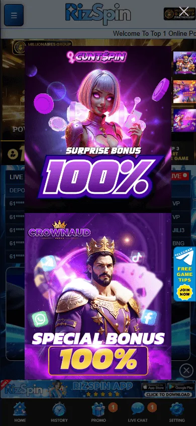 Rizspin Casino mobile games screen