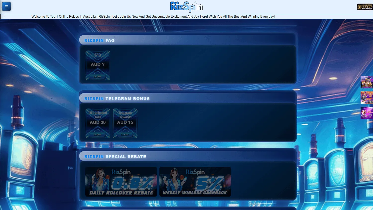 Rizspin Casino desktop promotions screen